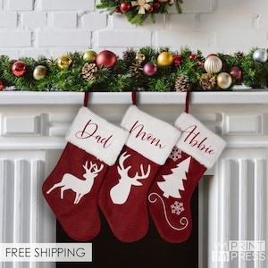 Personalized Burlap Christmas Stocking | Reindeer, Red