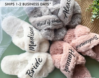 Custom Bride Slippers | Personalized Soft House Slippers | Bachelorette Party Gift | Fluffy Slippers | Bridal Party Set - GK