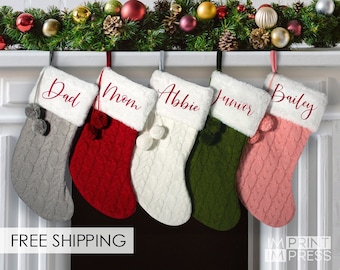 Personalized Cable Knit Christmas Stocking | Custom Pom Pom Decor | Custom Family Christmas Stocking