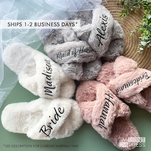 Custom Bride Slippers | Personalized Soft House Slippers | Bachelorette Party Gift | Fluffy Slippers | Bridal Party Set - GK