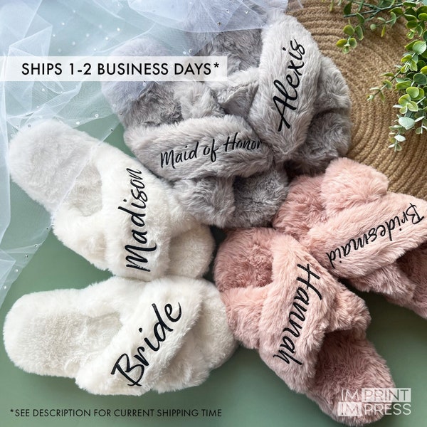 Custom Bride Slippers | Personalized Soft House Slippers | Bachelorette Party Gift | Fluffy Slippers | Bridal Party Set - GK