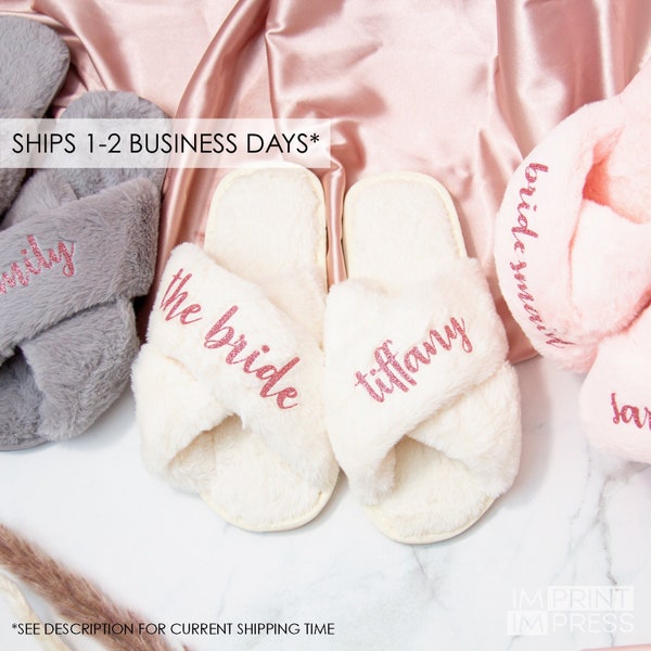 Custom Bride Slippers | Bridesmaid Gift | Bachelorette Party Gift Set | Custom Fluffy Slippers | Bridal Party Set -skuSTBL