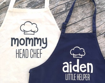 Set of 2 Custom Apron | Parent and Child Apron Set | Matching Kid Apron | Head Chef Little Helper | Mom and Kid Apron | Mommy and Me Apron
