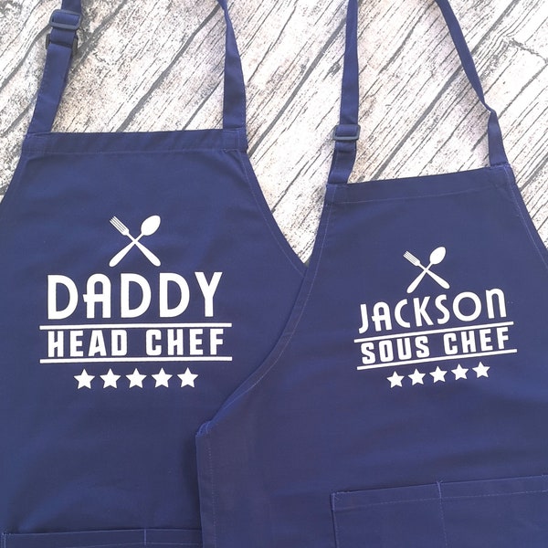 Set of 2 Custom Apron | Parent and Child Apron Set | Matching Kid Apron | Head Chef Sous Chef | Father and Son Apron | Daddy and Son Apron