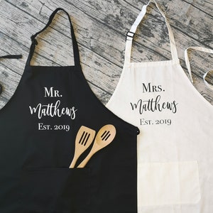 Mr & Mrs Surname Est Personalised Cooking Aprons Matching Family Aprons