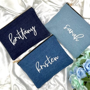 Custom Makeup Bag | Denim Makeup Bag | Personalized Bridesmaid Cosmetic Bag | Bridesmaid Proposal | Bridesmaid Gift | Gift for Her