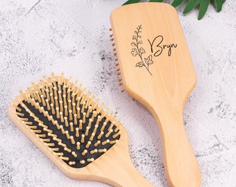 Personalized Wooden Brush | Birth Month Flower Hair Brush | Custom Wood Paddle Brush | Bridal Party Gift | Mother's Day Gift