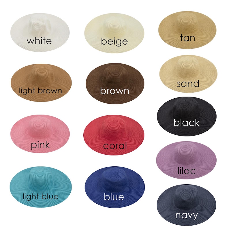 K&ouml;nnte beinhalten: Eine Auswahl an Sonnenh&uuml;ten mit breiter Krempe in verschiedenen Farben, darunter Wei&szlig;, Beige, Hellbraun, Braun, Rosa, Koralle, Hellblau, Blau, Schwarz, Lila, Sand und Marine. Jeder Hut hat eine runde Krone und eine breite, weiche Krempe. Die Farben sind beschriftet.