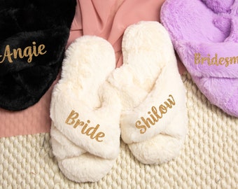 Custom Bride Slippers | Personalized Soft House Slippers | Bridesmaid Gift | Fluffy Slippers | Bridal Party Set - WRE