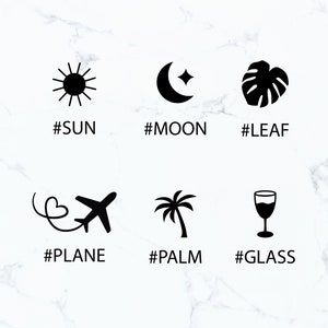 K&ouml;nnte beinhalten: Schwarz-Wei&szlig;-Illustrationen von Icons zum Thema Reisen und Natur. Das Bild enth&auml;lt eine Sonne, einen Mond mit Stern, ein Blatt, ein Flugzeug mit Herzspur, eine Palme und ein Weinglas. Jedes Symbol hat einen entsprechenden Hashtag: #SUN, #MOON, #LEAF, #PLANE, #PALM und #GLASS.