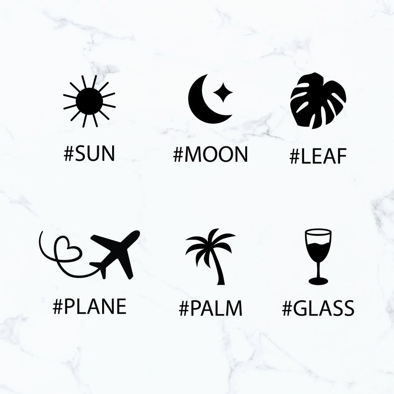 K&ouml;nnte beinhalten: Schwarz-Wei&szlig;-Illustrationen von Icons zum Thema Reisen und Natur. Das Bild enth&auml;lt eine Sonne, einen Mond mit Stern, ein Blatt, ein Flugzeug mit Herzspur, eine Palme und ein Weinglas. Jedes Symbol hat einen entsprechenden Hashtag: #SUN, #MOON, #LEAF, #PLANE, #PALM und #GLASS.