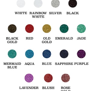 K&ouml;nnte beinhalten: Eine Farbkarte mit Glitzertextfarben. Die Karte enth&auml;lt Wei&szlig;, Regenbogenwei&szlig;, Silber, Schwarz, Schwarzgold, Rot, Altgold, Smaragd, Jade, Meerjungfrauenblau, Aqua, Blau, Saphirviolett, Lavendel, Rouge und Ros&eacute;gold.