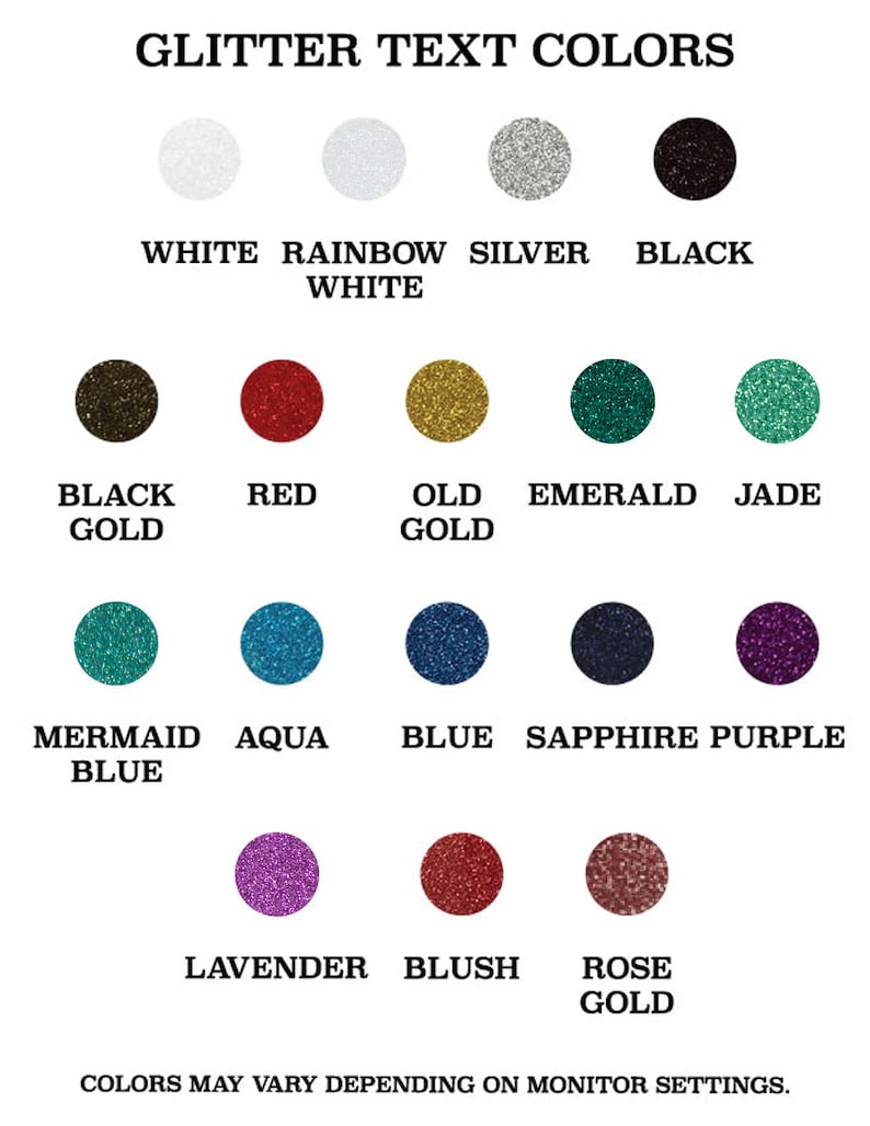K&ouml;nnte beinhalten: Eine Farbkarte mit Glitzertextfarben. Die Karte enth&auml;lt Wei&szlig;, Regenbogenwei&szlig;, Silber, Schwarz, Schwarzgold, Rot, Altgold, Smaragd, Jade, Meerjungfrauenblau, Aqua, Blau, Saphirviolett, Lavendel, Rouge und Ros&eacute;gold.