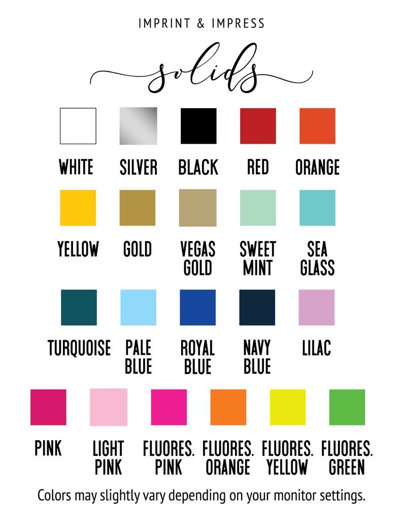May include: A chart showing 18 different solid color swatches. The colors are labeled with their names: white, silver, black, red, orange, yellow, gold, Vegas gold, sweet mint, sea glass, turquoise, pale blue, royal blue, navy blue, lilac, pink, light pink, fluorescent pink, fluorescent orange, fluorescent yellow, and fluorescent green.
