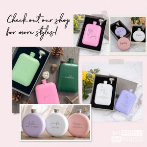 May include: Set of personalized stainless steel hip flasks in various colors and designs. The flasks are engraved with names and titles like "Maid of Honor", "The Bride", and "Bridesmaid".