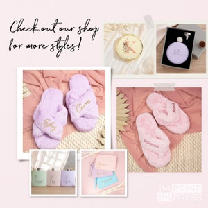 May include: A set of personalized gifts for a bridal party, including a pair of purple fuzzy slippers with the names "Ggbig" and "Cierra" embroidered on them, a set of three small green, blue, and pink flasks with floral designs, and a set of three small pink notebooks with the names "Grace", "India", and "Jessia" written on them.
