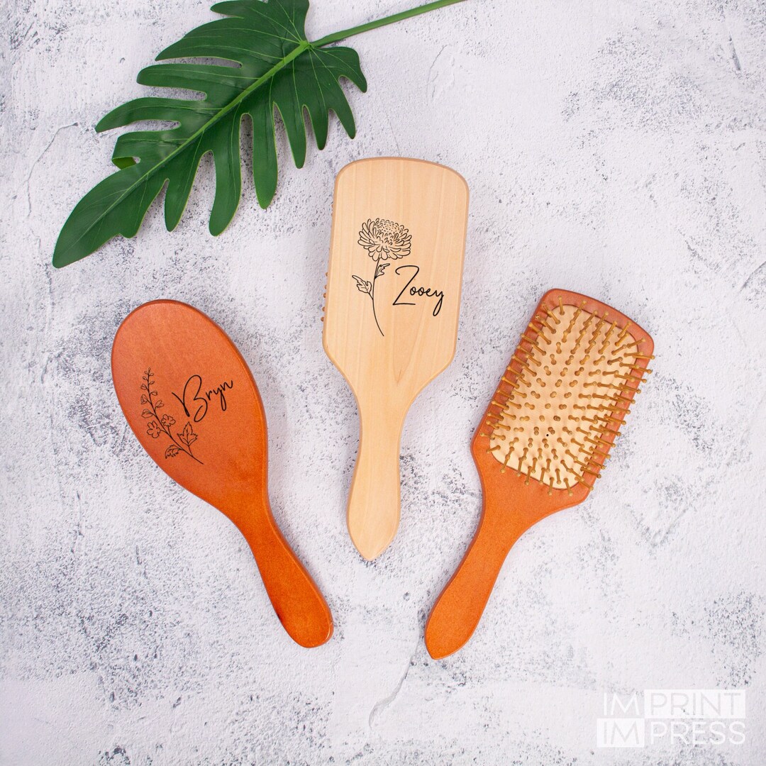 Personalized Wooden Brush Birth Month Flower Hair Brush Custom Wood