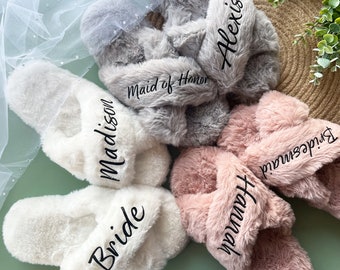 Custom Bride Slippers | Personalized Soft House Slippers | Bachelorette Party Gift | Fluffy Slippers | Bridal Party Set - GK