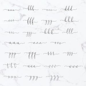 May include: A set of 26 alphabet letters written in cursive script. Each letter is written in a separate line, with the letters arranged in alphabetical order. The letters are written in black ink on a white background.