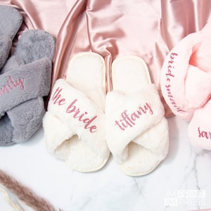 Custom Bride Slippers | Bridesmaid Gift | Bachelorette Party Gift Set | Custom Fluffy Slippers | Bridal Party Set -skuSTBL