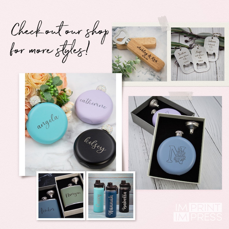 Puede incluir: Surtido de regalos personalizados, que incluyen matraces grabados, botellas de agua y abridores de botellas. Los matraces son de varios colores, incluyendo azul, morado y negro. Las botellas de agua son azules y verde azulado. Los abridores de botellas son plateados y tienen un dise&ntilde;o en forma de coraz&oacute;n. Todos los regalos est&aacute;n grabados con nombres y mensajes.
