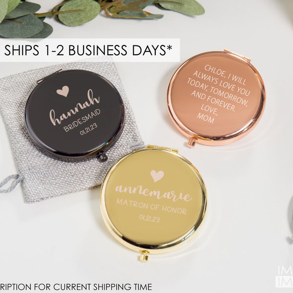 Personalized Compact Mirror | Bridal Party Mirrors | Custom Gift for Her | Bridesmaid Makeup Gift | Engraved Pocket Mirror - A