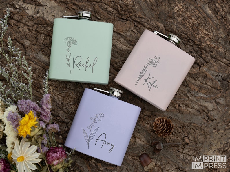 Custom Birth Month Flower Flask Floral Bridal Party Gift Birth Month Engraved Flask Personalized Women's Flask Bridesmaid Gift 7 image 2