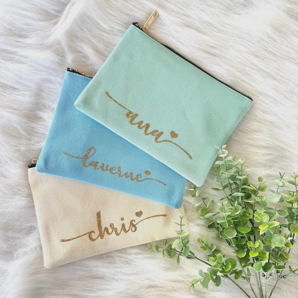 Personalized Canvas Makeup Bag | Bridesmaid Gift, Glitter Name