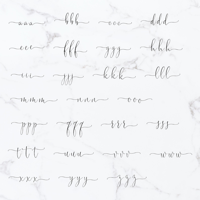May include: A set of 26 alphabet letters written in cursive script. Each letter is written in a separate line, with the letters arranged in alphabetical order. The letters are written in black ink on a white background.