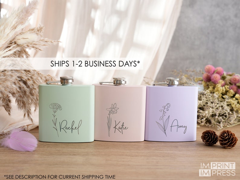 Custom Birth Month Flower Flask Floral Bridal Party Gift Birth Month Engraved Flask Personalized Women's Flask Bridesmaid Gift 7 image 1
