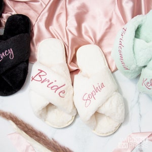 Custom Bride Slippers | Bridesmaid Gift | Bachelorette Party Gift Set | Custom Fluffy Slippers | Bridal Party Set -skuGK