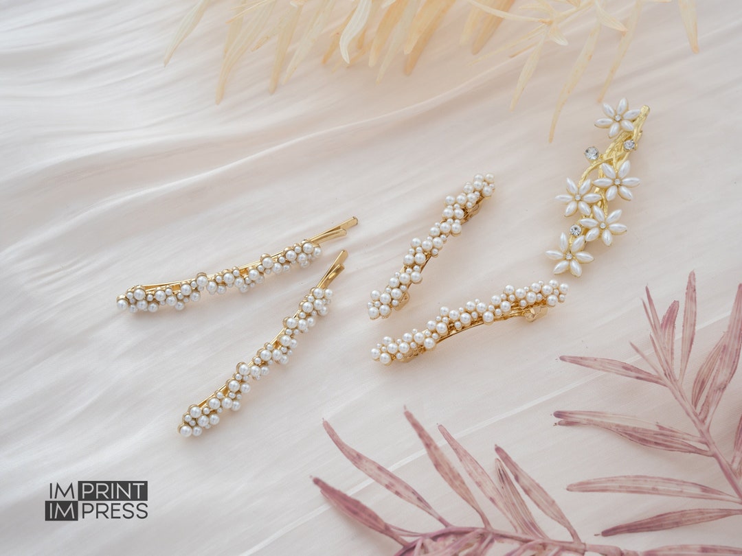 Set of Two Hair Clips Gold Pearl Hair Clips Floral Hair Accessory Faux