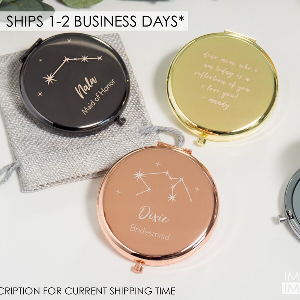 Personalized Compact Mirror Zodiac Constellations | Custom Gift for Her | Mirror Bridesmaid Gift Star Signs | Engraved Pocket Mirror - STR