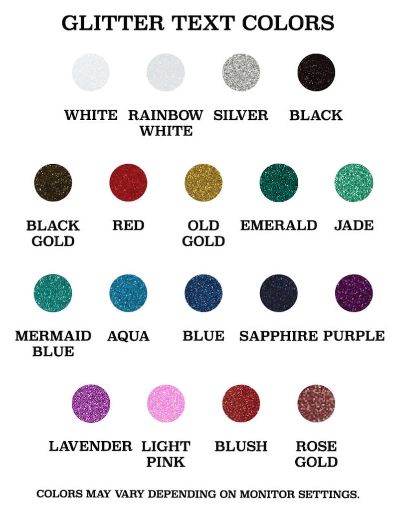 Op de afbeelding: Een kaart met 15 verschillende glitter-tekstkleuren. De kleuren omvatten wit, regenboogwit, zilver, zwart, zwart goud, rood, oud goud, smaragd, jade, zeemeerminblauw, aqua, blauw, saffier, paars, lavendel, lichtroze, blush en roosgoud.
