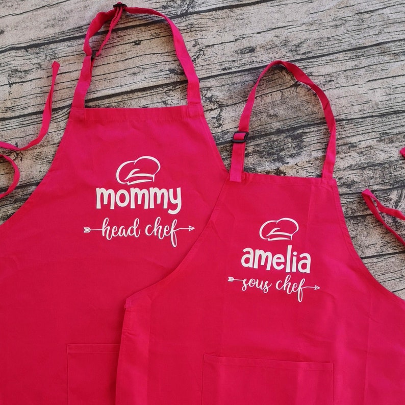 Set of 2 Custom Apron Parent and Child Apron Set Matching Kid Apron Head Chef Sous Chef Mom and Kid Apron Mom and Daughter Apron image 2