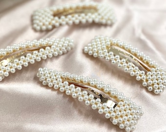 Set of Four Pearl Hair Clips | Silver Pearl Snap Clips | Gold Hair Accessory | Faux Pearl Barrette