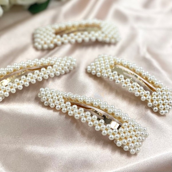 Set of Four Pearl Hair Clips | Silver Pearl Snap Clips | Gold Hair Accessory | Faux Pearl Barrette