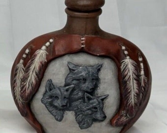Vintage Ceramic Native American Wolves Hand Painted on Vase