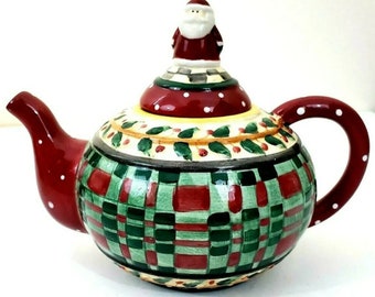 SAKURA DEBBIE MUMM Mini Teapot Collector Series Holly & Plaid Santa Individual