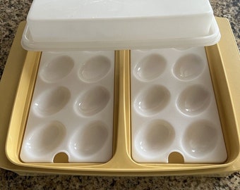 Vintage Tupperware Deviled Egg Tray and Carrier Inserts Lid Harvest Gold