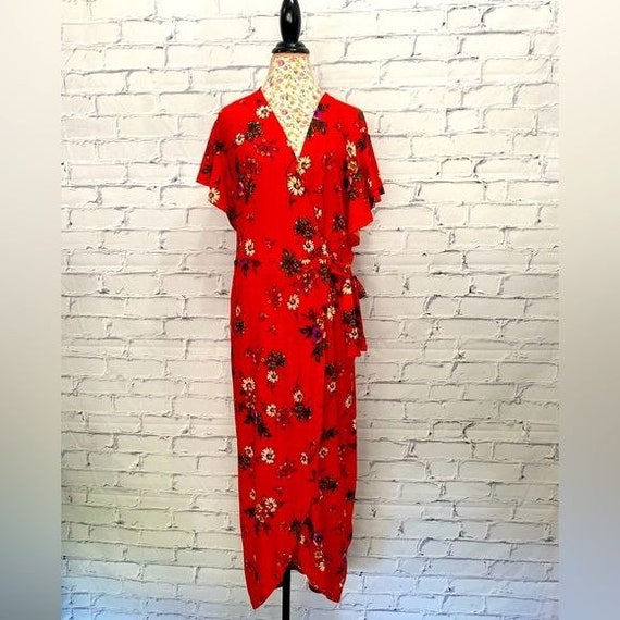 Monteau Women s Floral Faux Wrap V neck Flutter Sleeve Dress Etsy