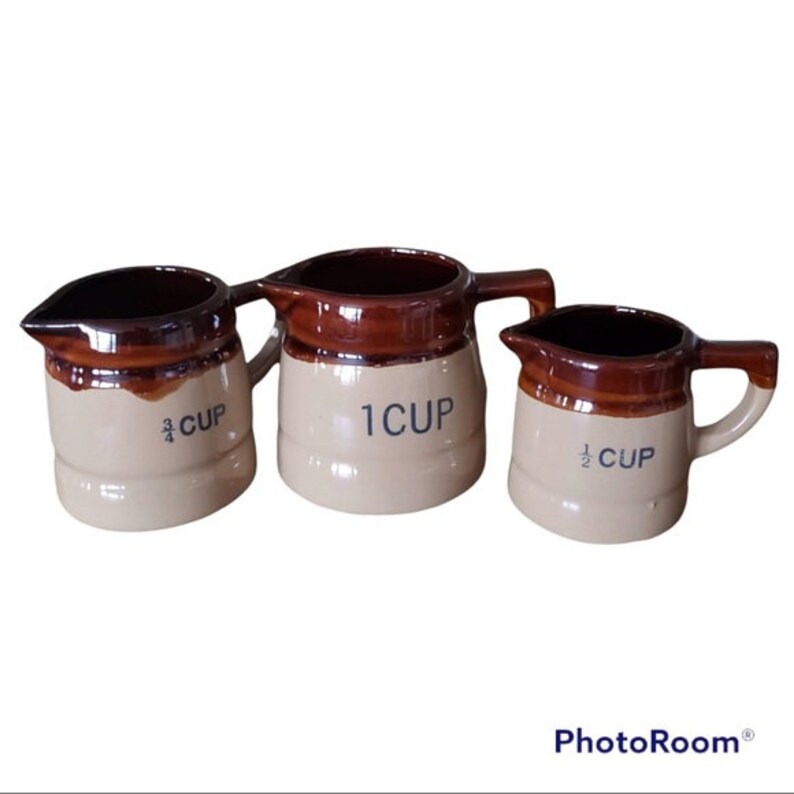Vintage Brown Glaze Stoneware Measuring Crock Pottery Pitchers