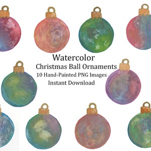 Könnte beinhalten: Zehn Aquarell-Weihnachtsbaumkugeln mit goldenen Spitzen. Die Kugeln sind in Rosatönen, Grün und Blau gehalten.