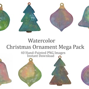Può includere: Un set di 10 ornamenti natalizi ad acquerello, tra cui campane, alberi e palline. Gli ornamenti sono dipinti in tonalità di verde, blu, viola e rosa.