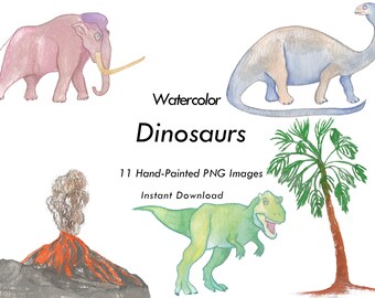 Watercolor Dinosaur Clipart PNG-Dinosaurs-Baby-Volcano-Palm Tree-Instant Download