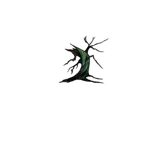 May include: A stylized illustration of a dead tree with black branches and a green and brown trunk.