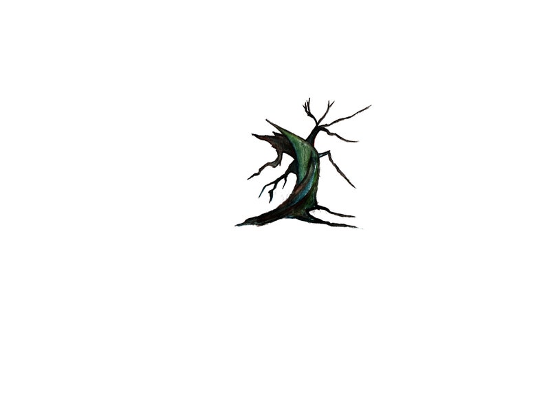 May include: A stylized illustration of a dead tree with black branches and a green and brown trunk.