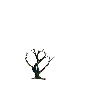 May include: A bare, twisted tree with dark brown branches and a green and blue trunk. The tree is isolated against a white background.