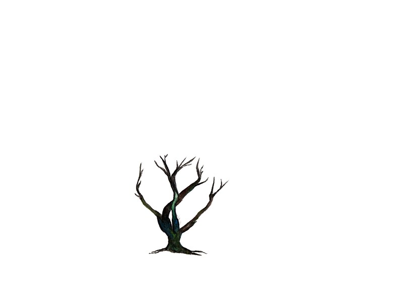 May include: A bare, twisted tree with dark brown branches and a green and blue trunk. The tree is isolated against a white background.