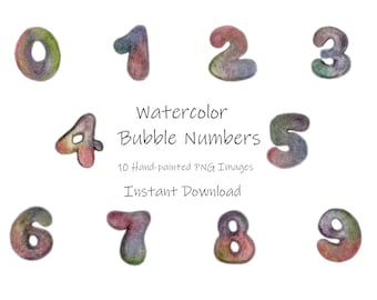 May include: Watercolor bubble numbers 0-9. Ten hand-painted PNG images for instant download.